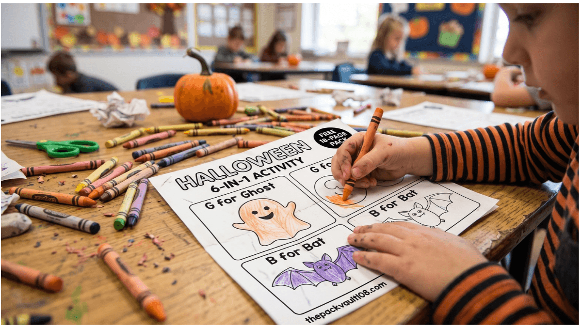 Halloween coloring page A-Z alphabet with a pumpkin and a large letter, partly colored with crayons on a classroom table.